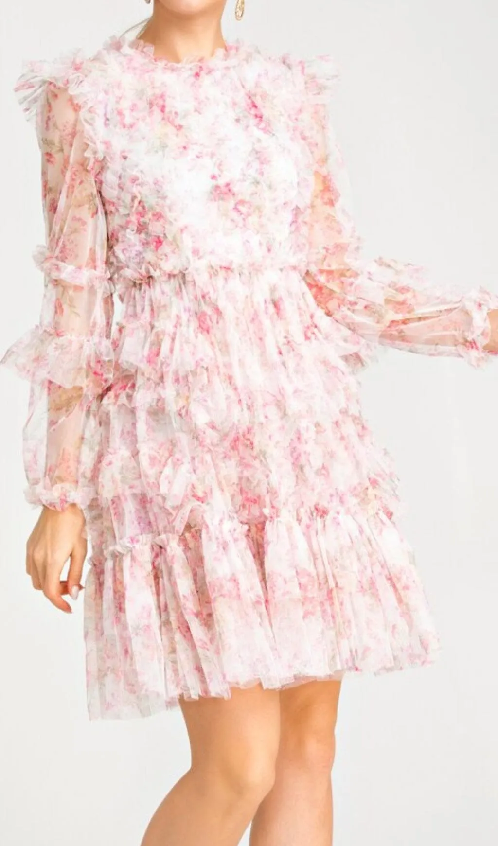 FLORAL MESH HEM MINI DRESS IN PINK Gloria Lanvin