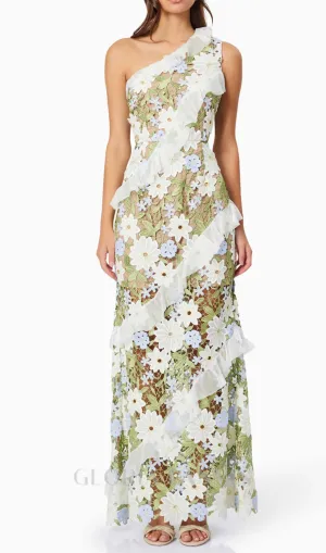 Floral One Shoulder Lace Maxi Dress in Green Gloria Lanvin