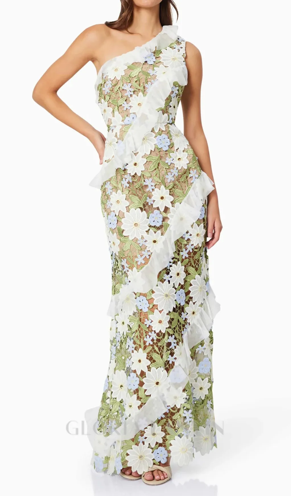Floral One Shoulder Lace Maxi Dress in Green Gloria Lanvin