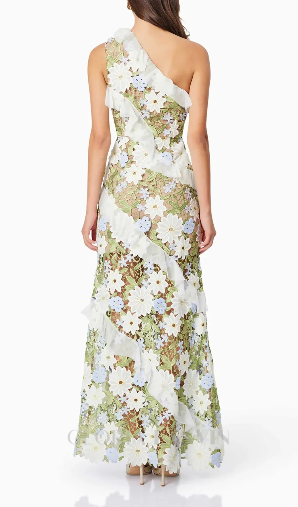 Floral One Shoulder Lace Maxi Dress in Green Gloria Lanvin