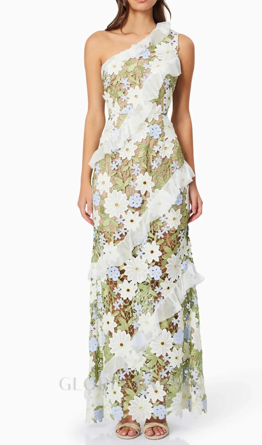 Floral One Shoulder Lace Maxi Dress in Green Gloria Lanvin