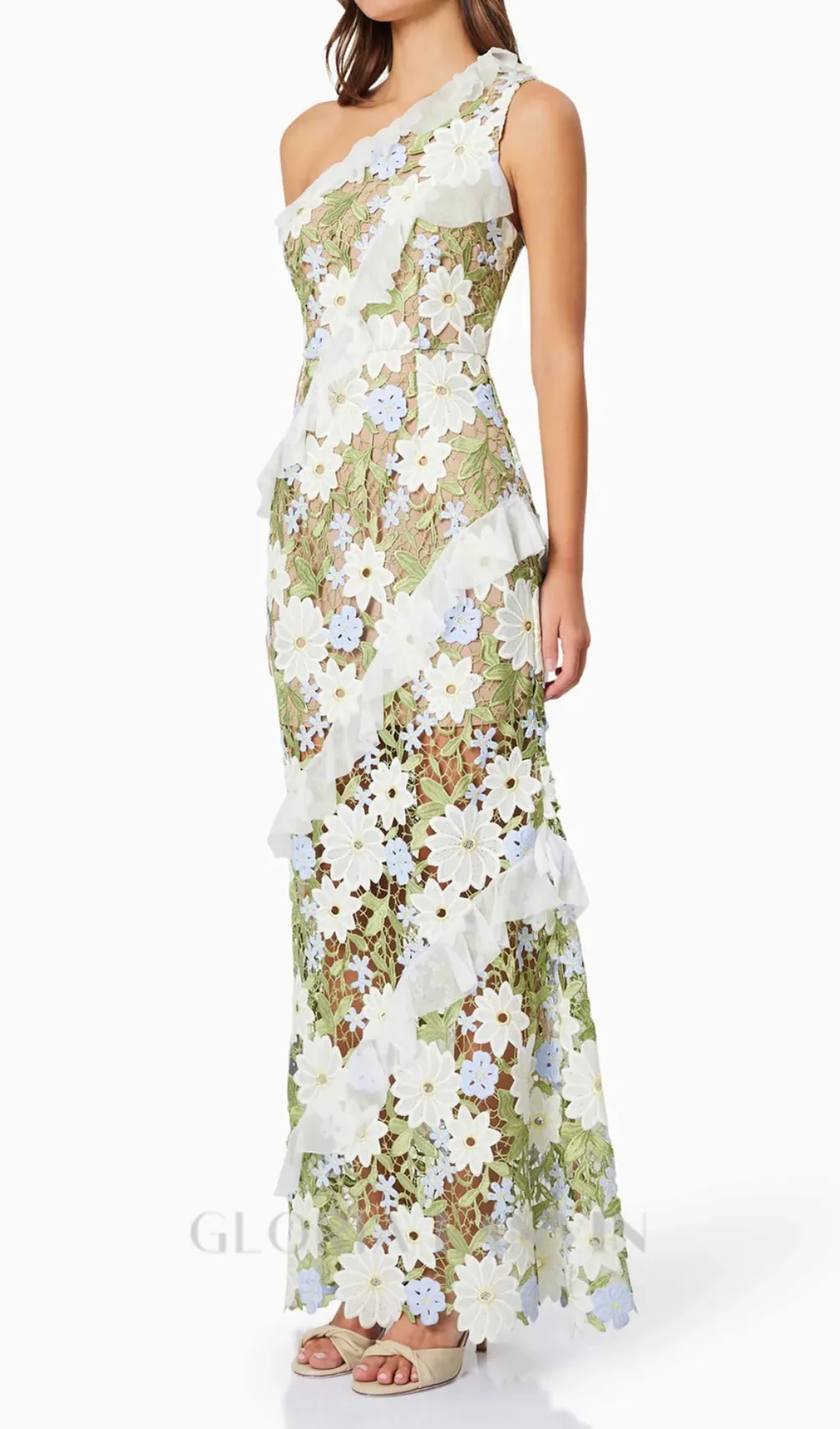 Floral One Shoulder Lace Maxi Dress in Green Gloria Lanvin