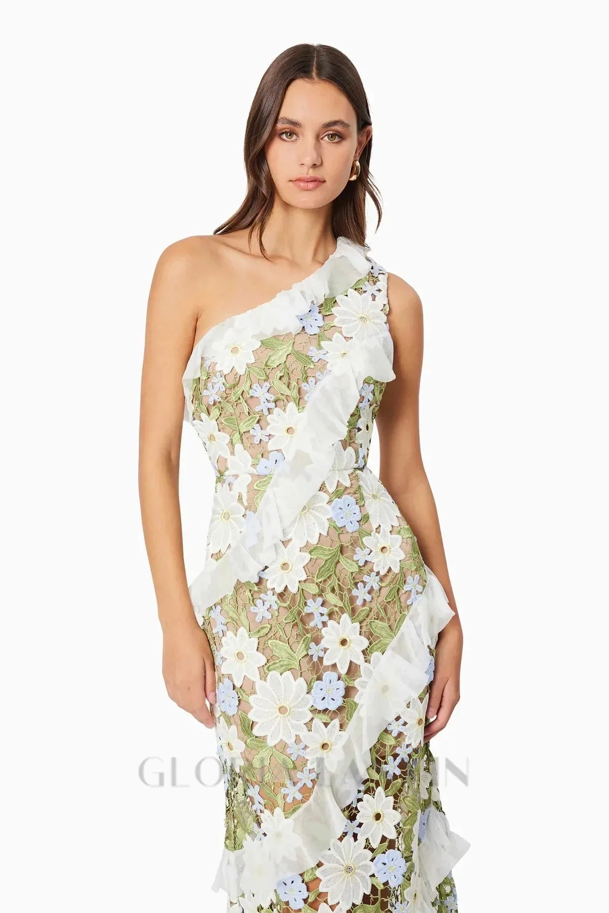 Floral One Shoulder Lace Maxi Dress in Green Gloria Lanvin