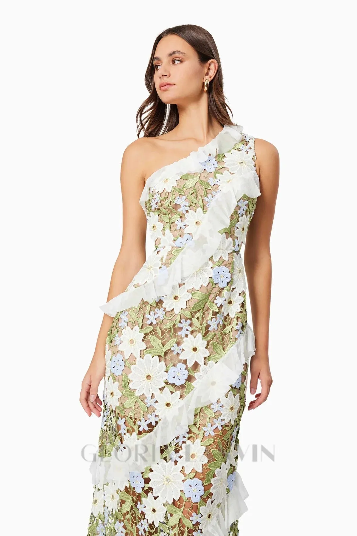Floral One Shoulder Lace Maxi Dress in Green Gloria Lanvin
