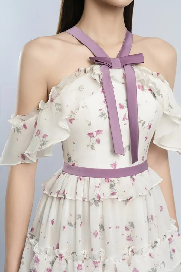 floral print bow collar ruffle flared maxi dress Gloria Lanvin