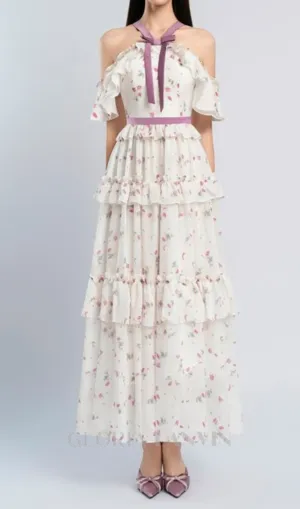 floral print bow collar ruffle flared maxi dress Gloria Lanvin