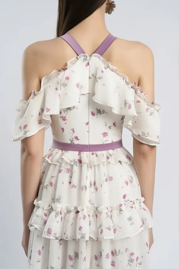 floral print bow collar ruffle flared maxi dress Gloria Lanvin