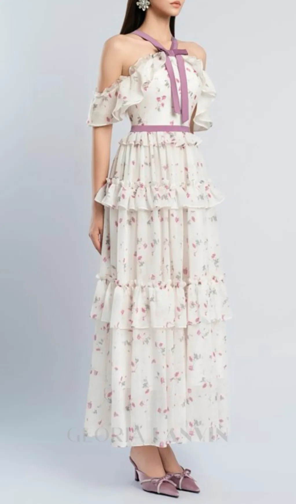 floral print bow collar ruffle flared maxi dress Gloria Lanvin