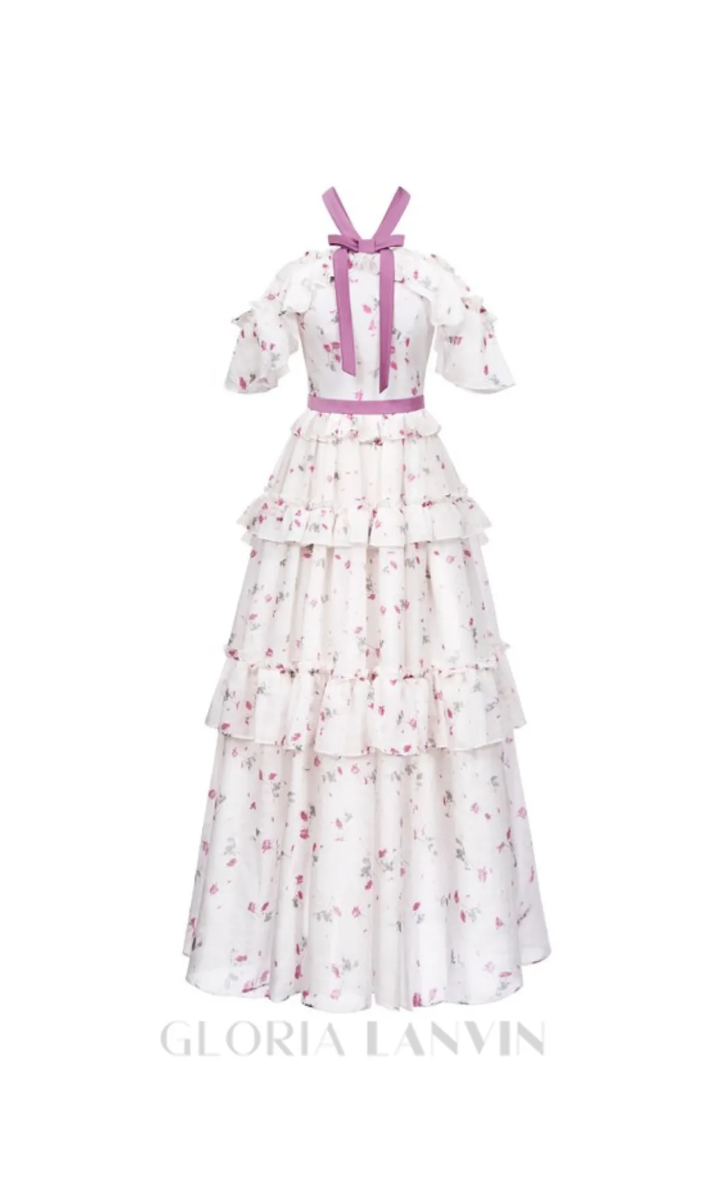 floral print bow collar ruffle flared maxi dress Gloria Lanvin