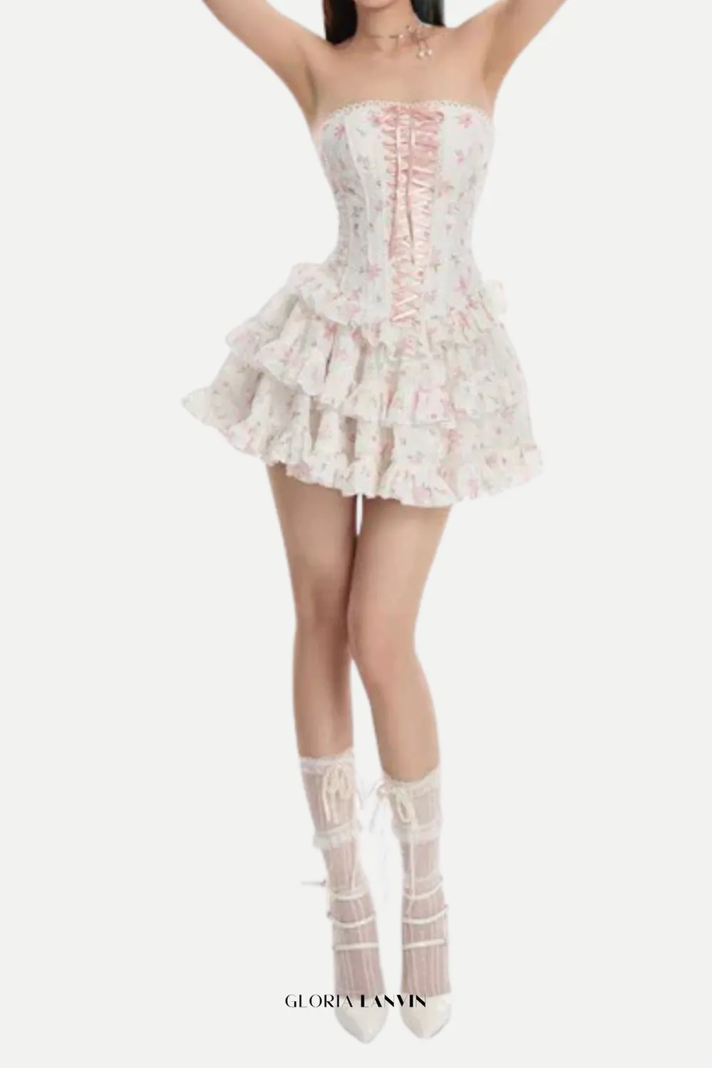 floral print chest-wrapped mini dress in white Gloria Lanvin