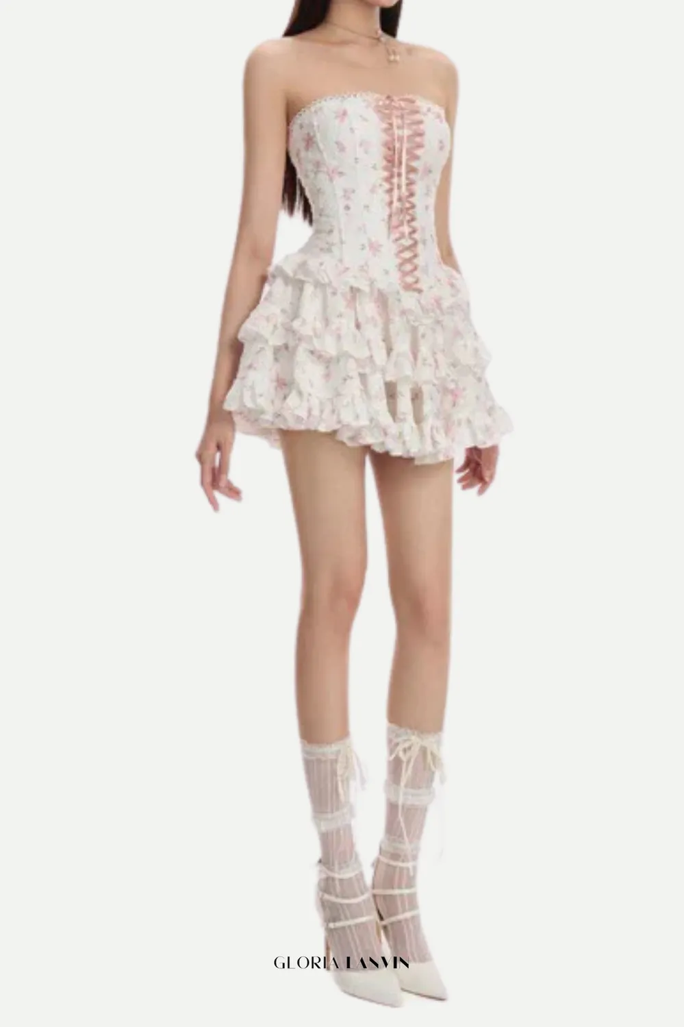floral print chest-wrapped mini dress in white Gloria Lanvin
