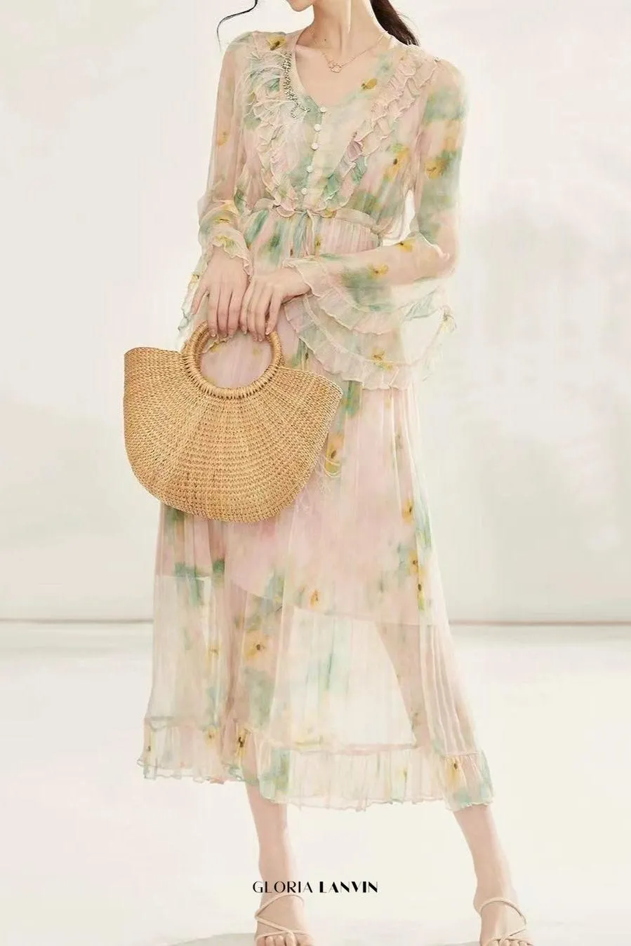 floral print chiffon silk midi dress in pale green Gloria Lanvin