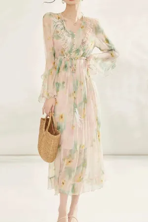 floral print chiffon silk midi dress in pale green Gloria Lanvin
