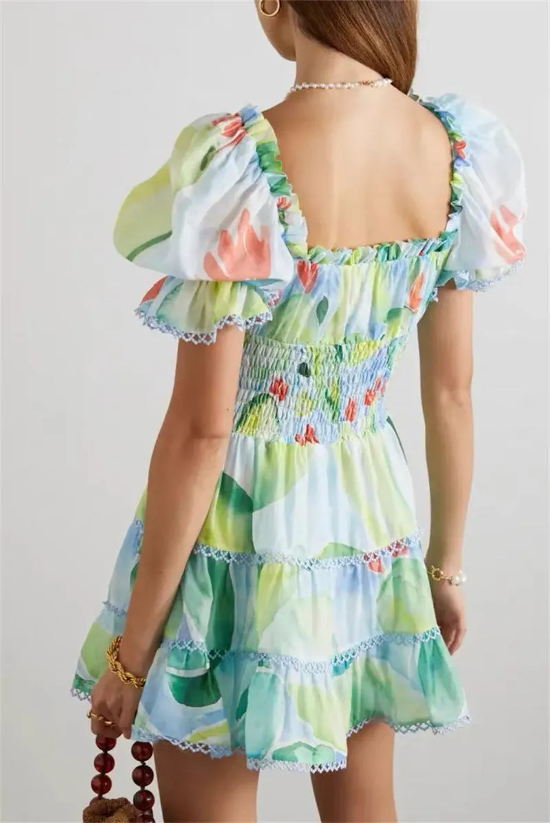 FLORAL-PRINT COTTON-BLEND VOILE MINI DRESS IN GREEN Gloria Lanvin