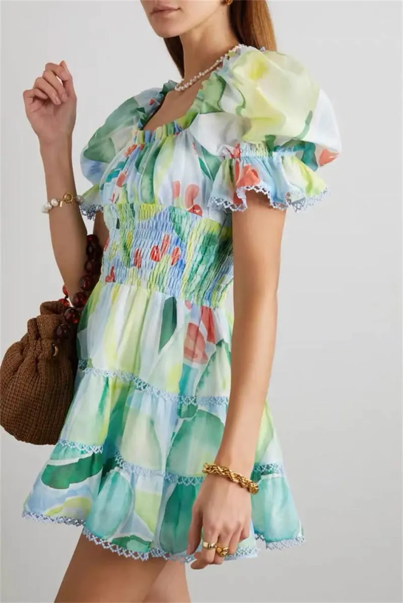 FLORAL-PRINT COTTON-BLEND VOILE MINI DRESS IN GREEN Gloria Lanvin