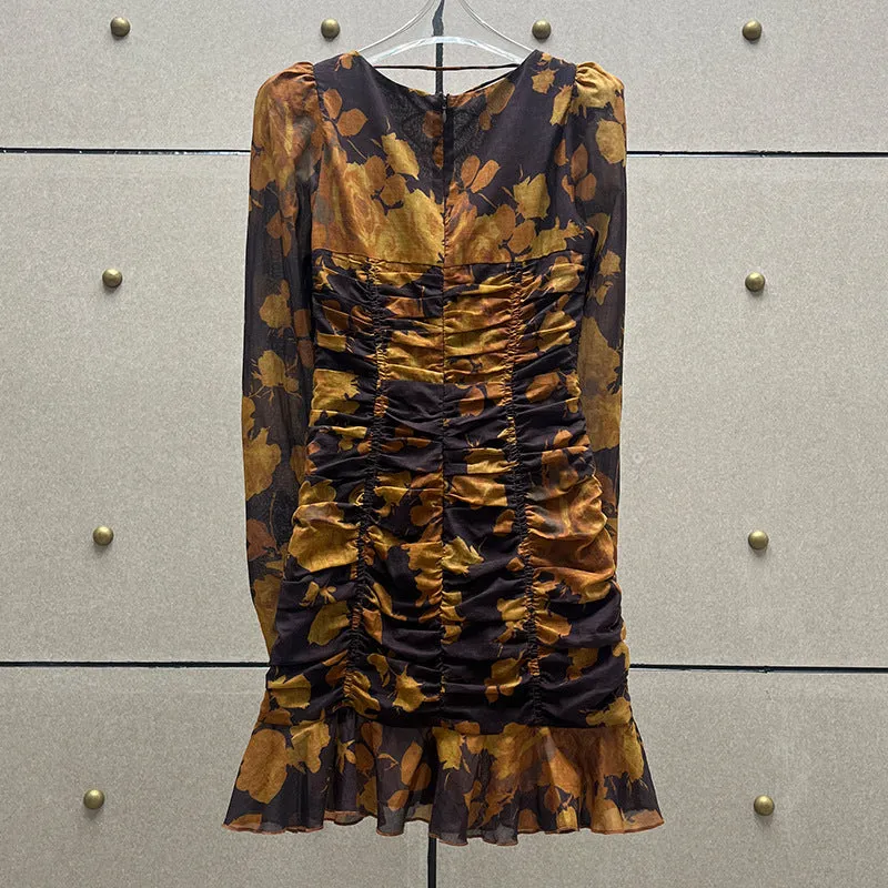floral print hollow tulle mini dress in brown Gloria Lanvin
