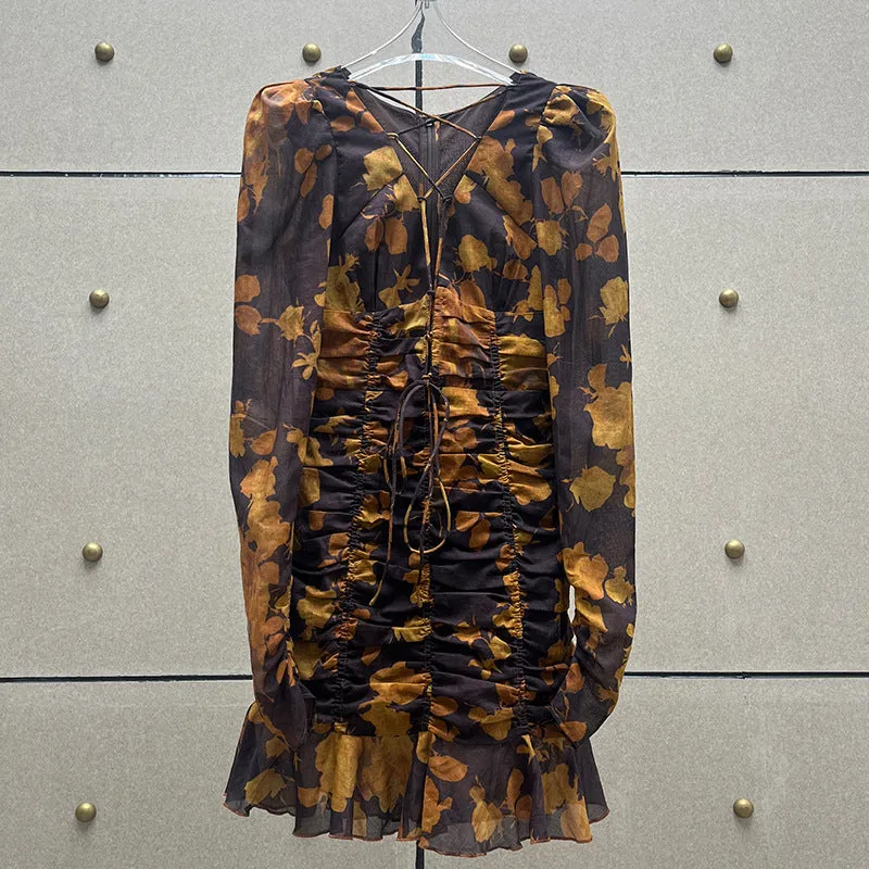 floral print hollow tulle mini dress in brown Gloria Lanvin