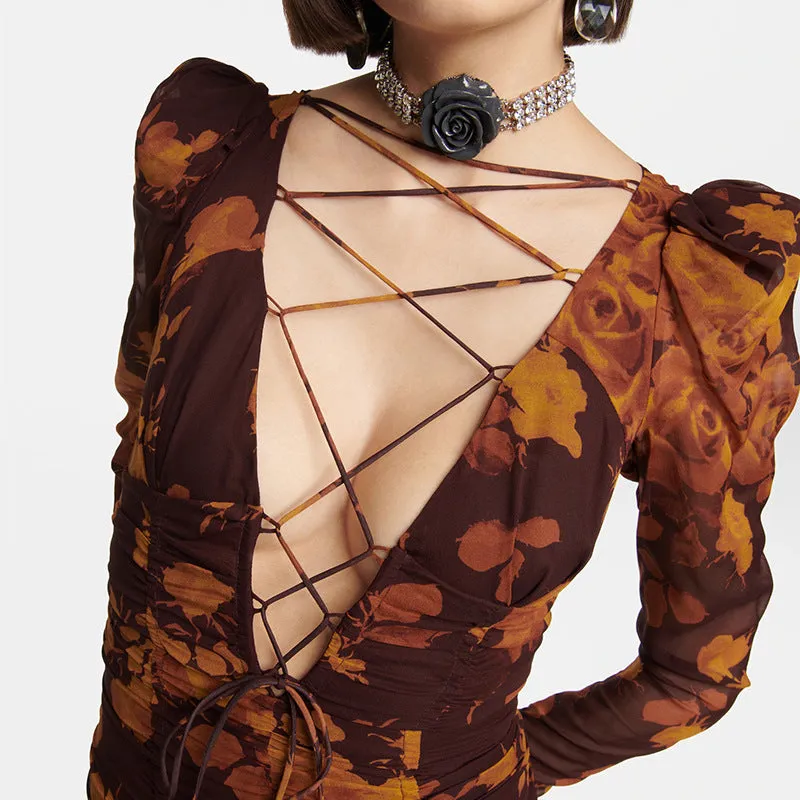 floral print hollow tulle mini dress in brown Gloria Lanvin