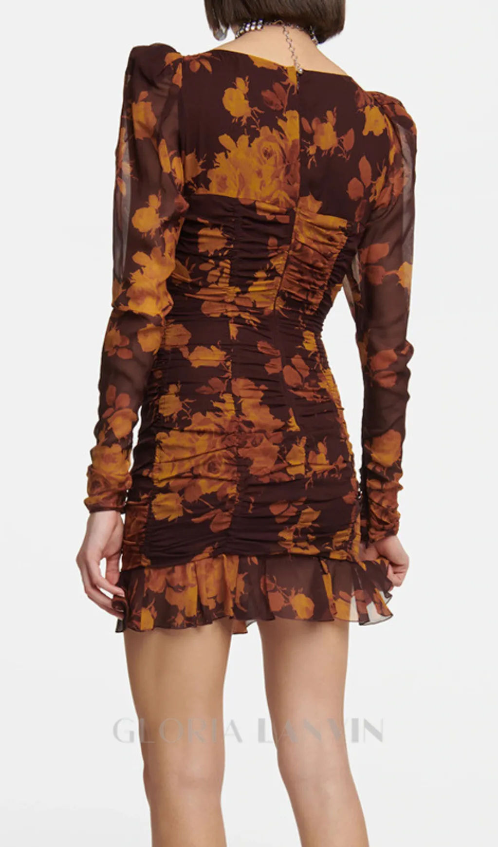 floral print hollow tulle mini dress in brown Gloria Lanvin