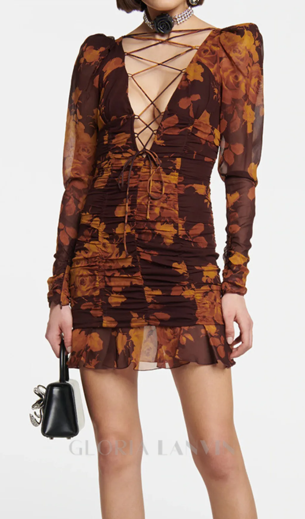 floral print hollow tulle mini dress in brown Gloria Lanvin