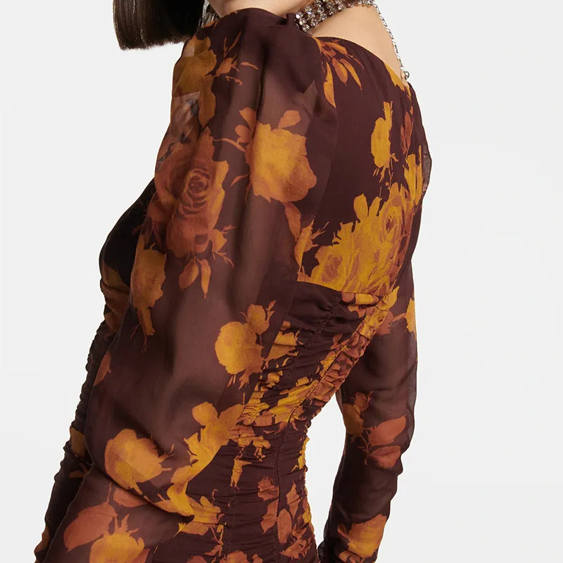 floral print hollow tulle mini dress in brown Gloria Lanvin
