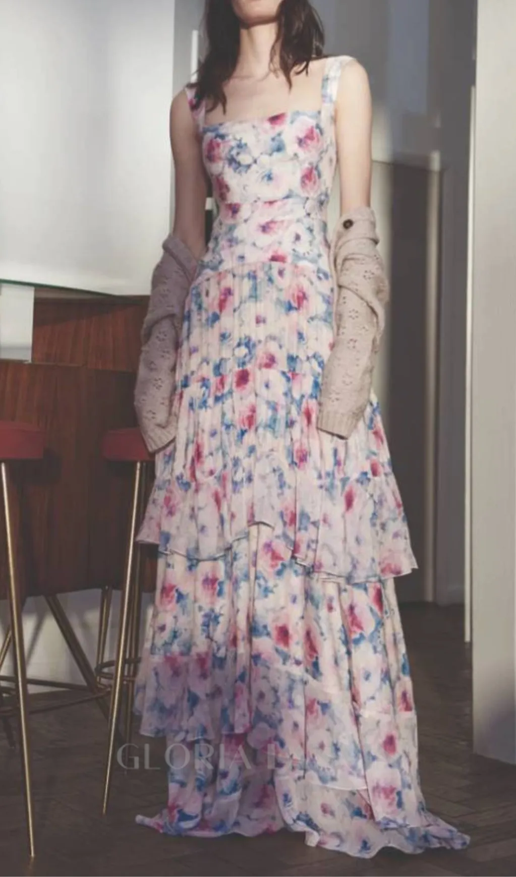 FLORAL PRINT RUFFLE TRIM MAXI DRESS IN ROSE Gloria Lanvin