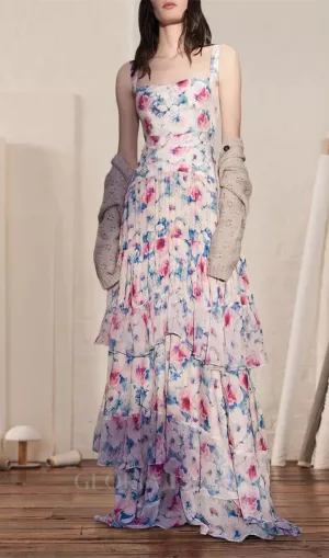 FLORAL PRINT RUFFLE TRIM MAXI DRESS IN ROSE Gloria Lanvin