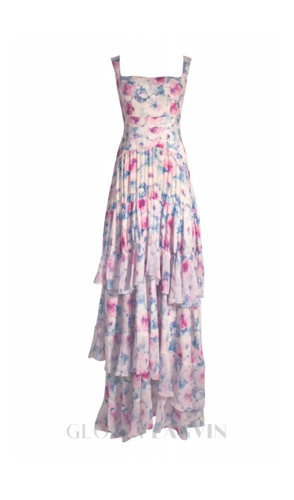 FLORAL PRINT RUFFLE TRIM MAXI DRESS IN ROSE Gloria Lanvin