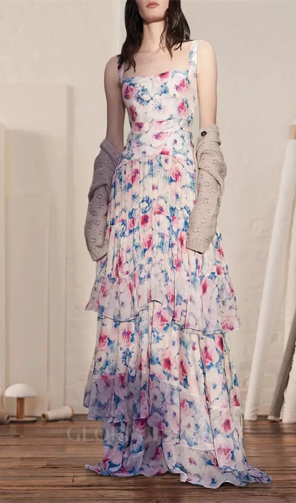 FLORAL PRINT RUFFLE TRIM MAXI DRESS IN ROSE Gloria Lanvin