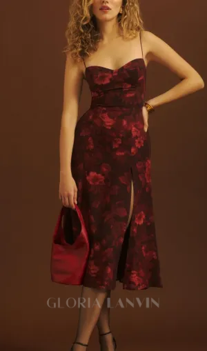 floral print slit midi dress in Burgundy Gloria Lanvin