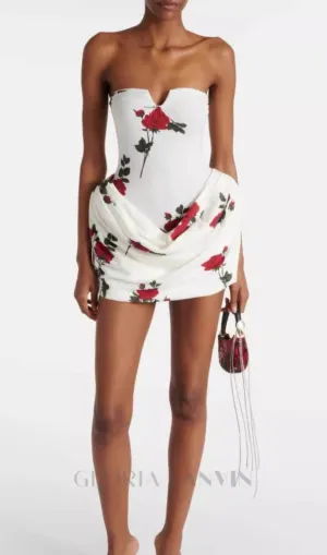 FLORAL-PRINTED PLEATED STRAPLESS MINI DRESS IN WHITE Gloria Lanvin
