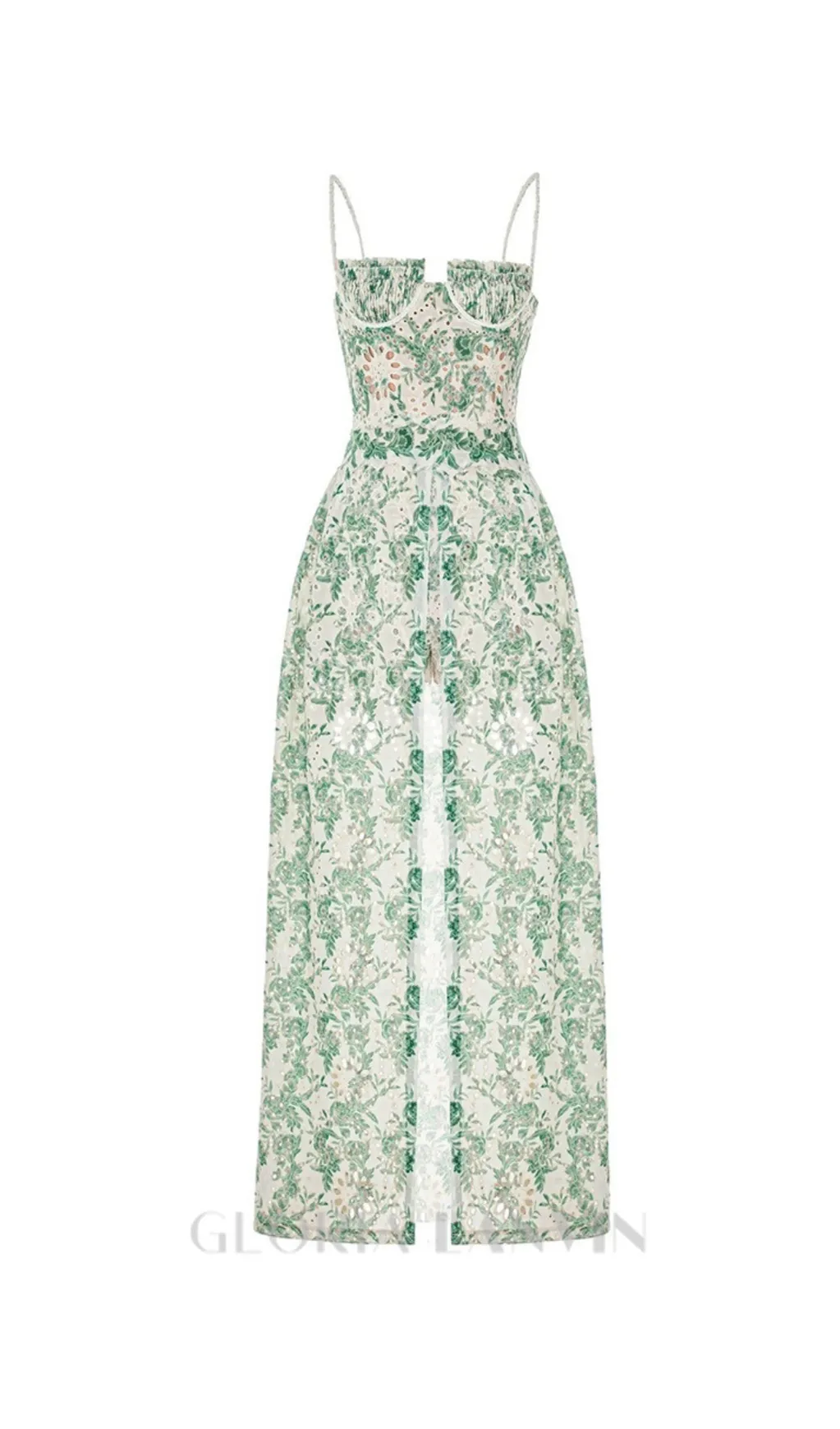 FLORAL PRINTED THIGH SLIT MIDI DRESS IN GREEN Gloria Lanvin