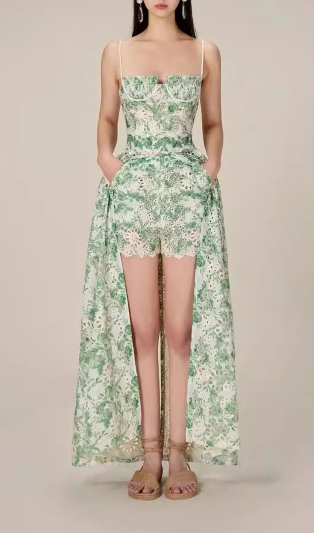 FLORAL PRINTED THIGH SLIT MIDI DRESS IN GREEN Gloria Lanvin