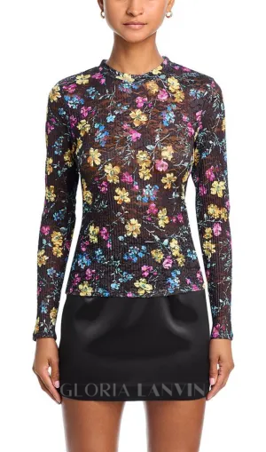 Floral Puckered Lace Top in black multi Gloria Lanvin