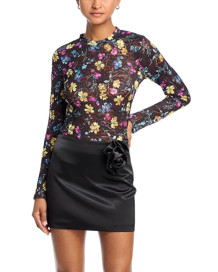 Floral Puckered Lace Top in black multi Gloria Lanvin