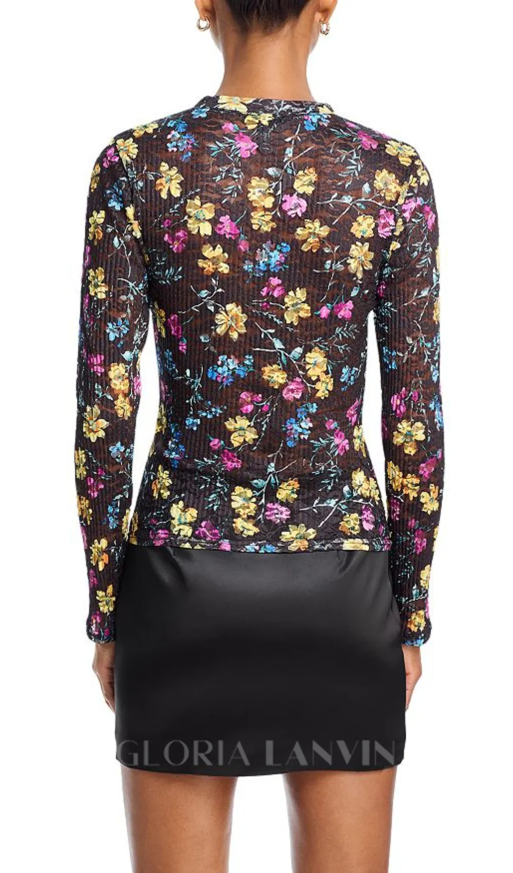 Floral Puckered Lace Top in black multi Gloria Lanvin