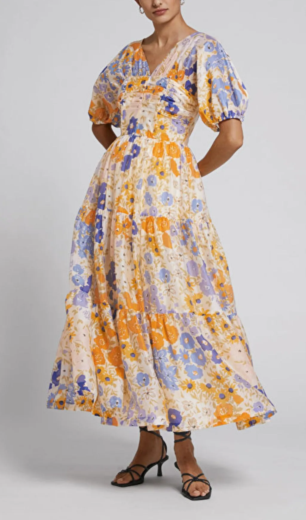 FLORAL PUFF SLEEVE V-NECK MAXI DRESS Gloria Lanvin