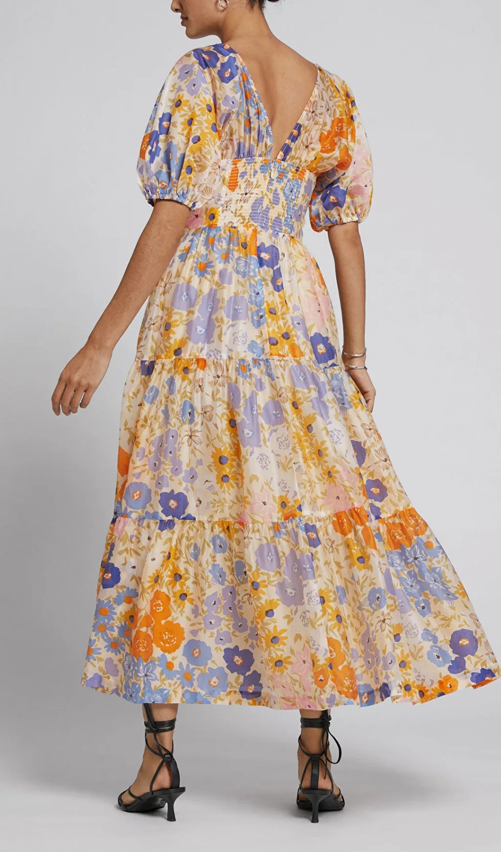 FLORAL PUFF SLEEVE V-NECK MAXI DRESS Gloria Lanvin