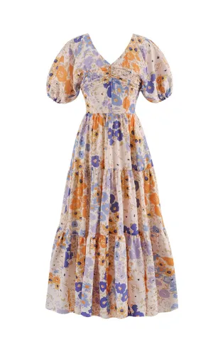 FLORAL PUFF SLEEVE V-NECK MAXI DRESS Gloria Lanvin