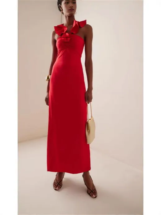 floral ruffle trim halter midi dress in red Gloria Lanvin