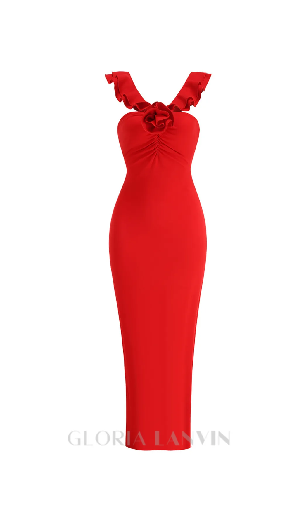 floral ruffle trim halter midi dress in red Gloria Lanvin