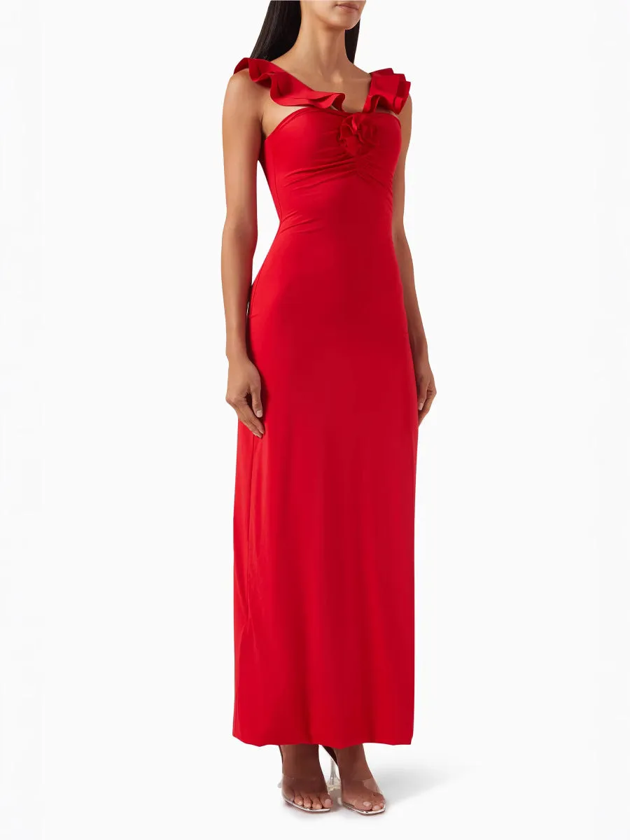 floral ruffle trim halter midi dress in red Gloria Lanvin