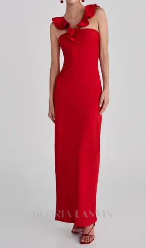 floral ruffle trim halter midi dress in red Gloria Lanvin
