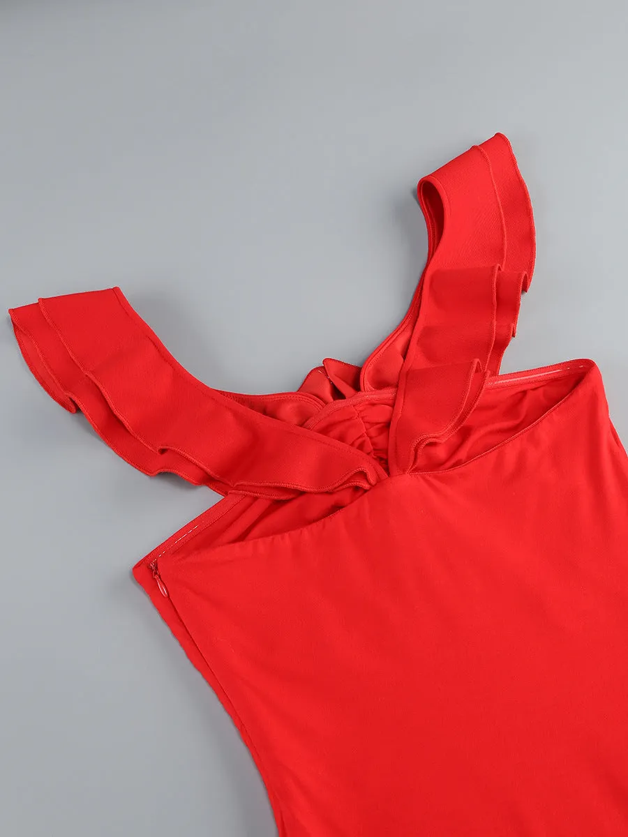 floral ruffle trim halter midi dress in red Gloria Lanvin