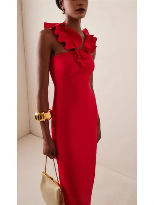 floral ruffle trim halter midi dress in red Gloria Lanvin