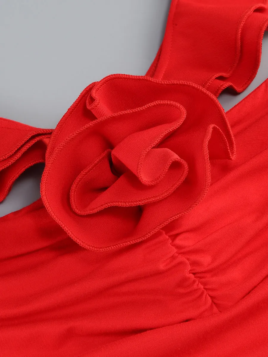 floral ruffle trim halter midi dress in red Gloria Lanvin