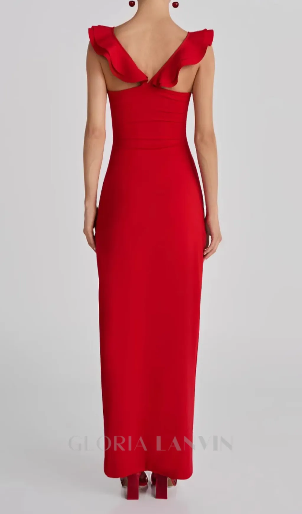 floral ruffle trim halter midi dress in red Gloria Lanvin