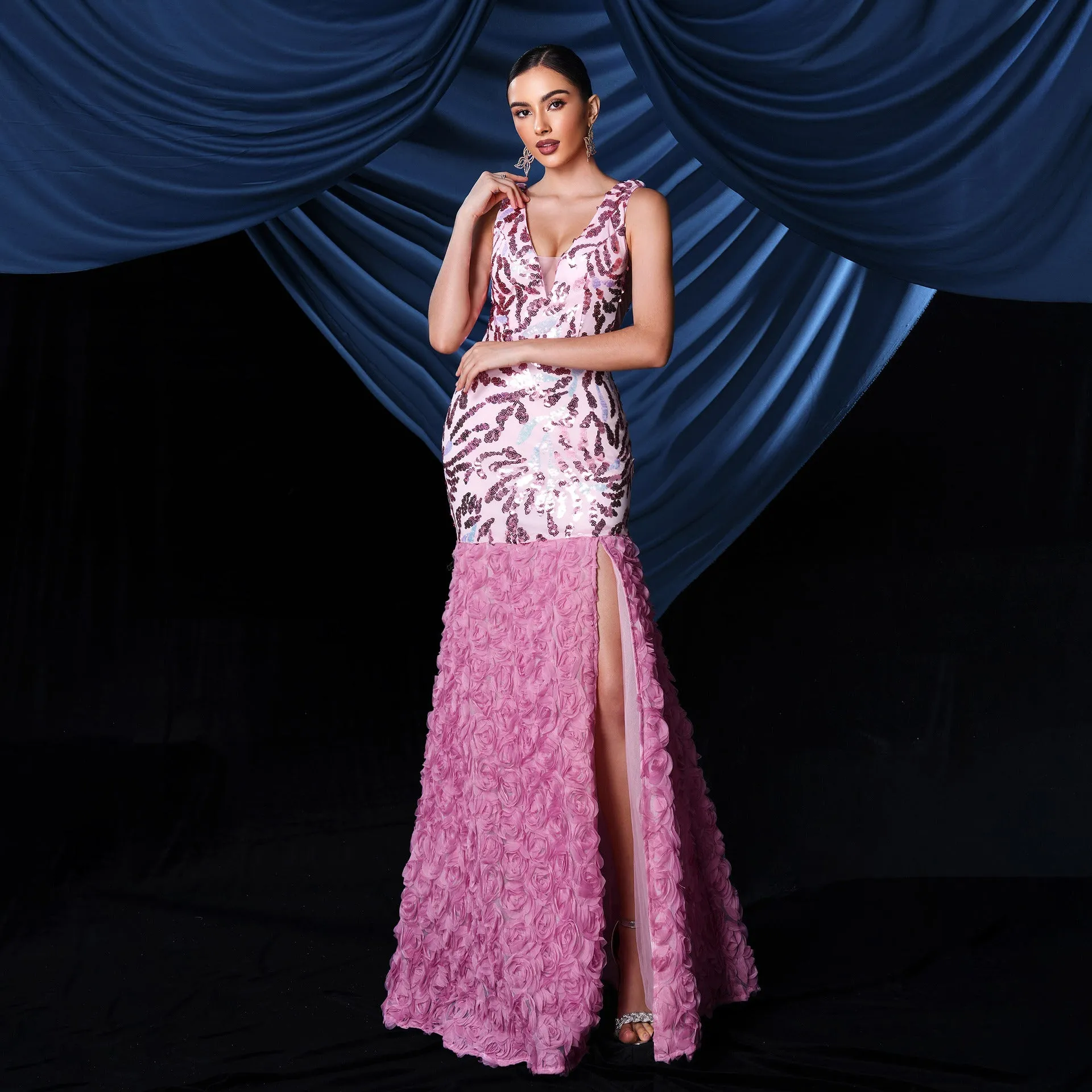 floral sequin split maxi dress in pink Gloria Lanvin