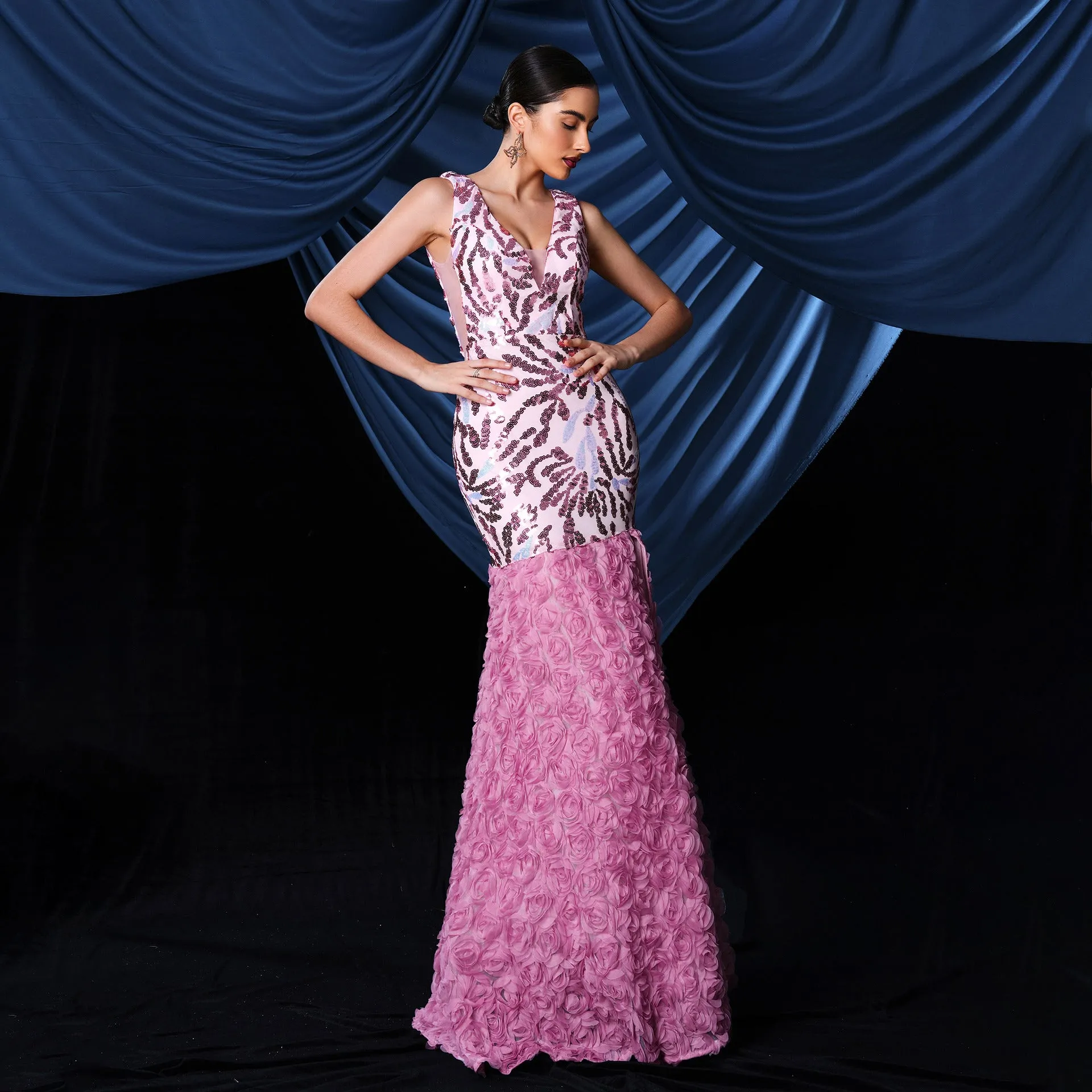 floral sequin split maxi dress in pink Gloria Lanvin