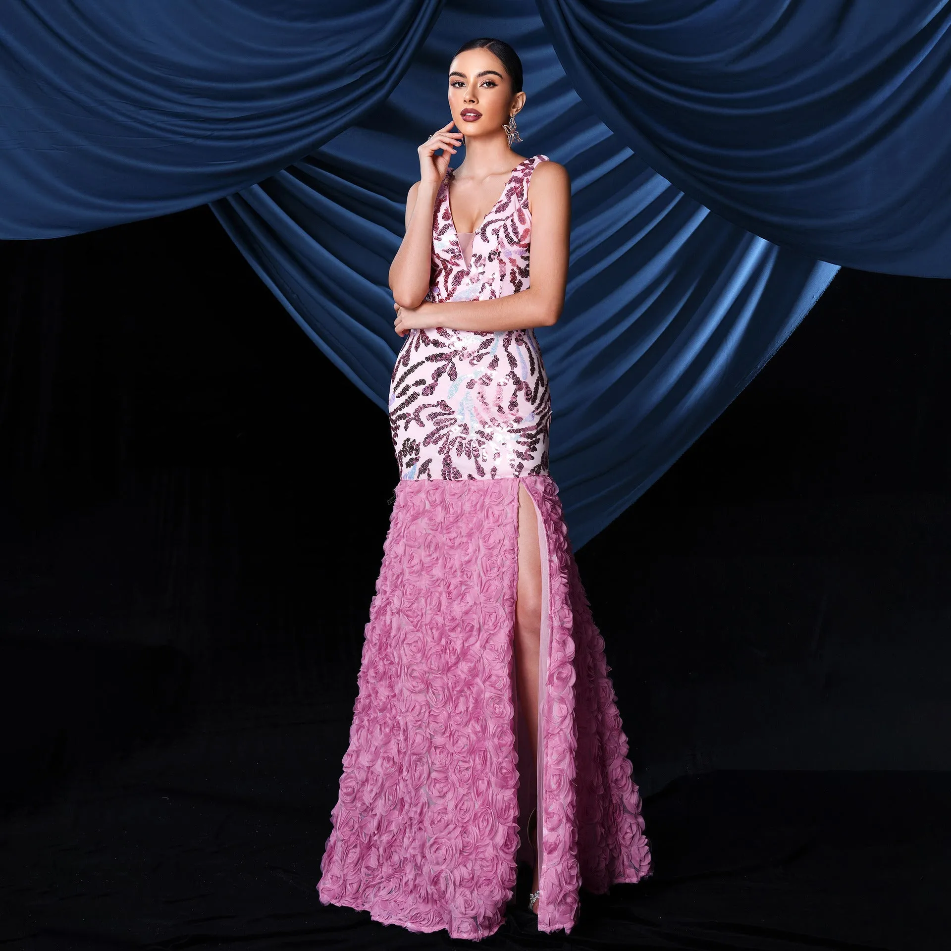 floral sequin split maxi dress in pink Gloria Lanvin